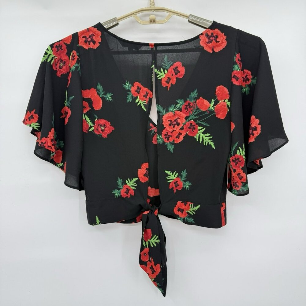 Express Floral Blouse Tie Back Flutter Sleeve Open Keyhole Back Black Red Small - Picture 2 of 6